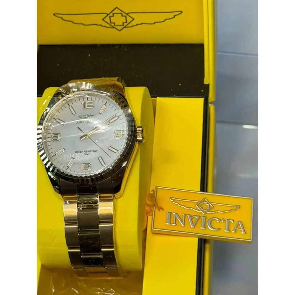 Invicta Men's Gold-Tone Watch Fluted Bezel Mother of Pearl Dial 50M Water Resist